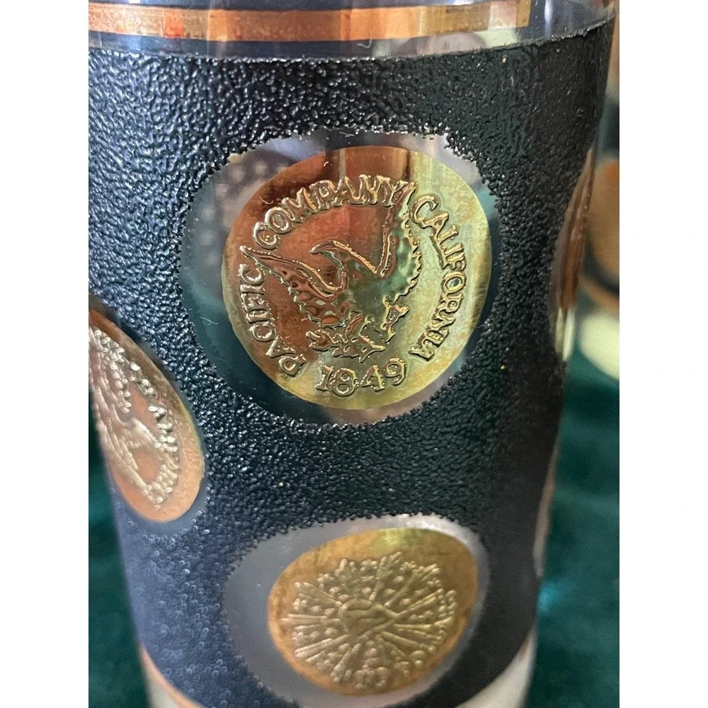 Mid Century Coin Glass Highball Set of 8 Black Gold‎ Textured Tumblers